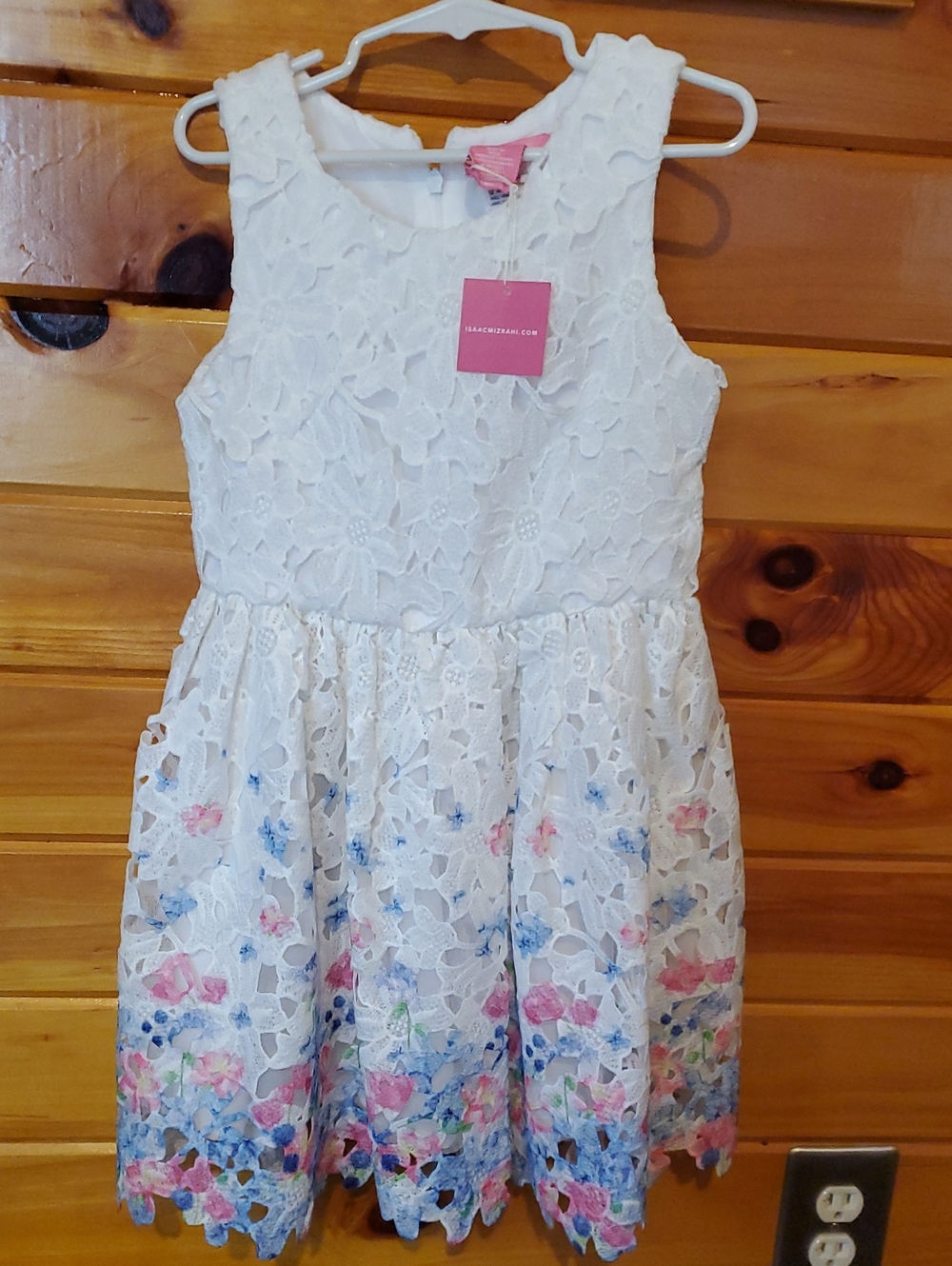NWT Girls Size 6 Spring/Summer White Floral Lace Dress with Pink & Blue Accents